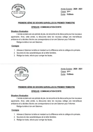 Première page de Français 6e — 1er devoir surveillé, 1er trimestre (2020-2021) · CPEG PENIEL