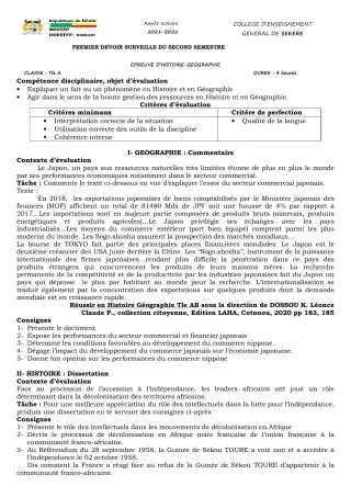 Première page de Histoire-Géographie Tle A2 — 1er devoir surveillé, 2e semestre (2021-2022) · CEG SEKERE