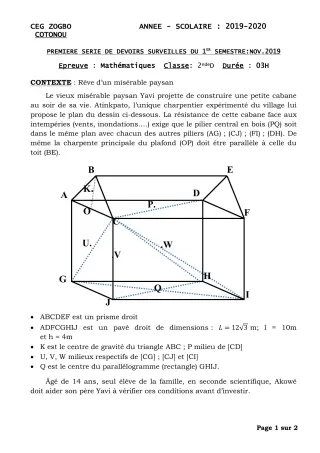 Première page de Mathématiques 2nde D — 1er devoir surveillé, 1er semestre (2019-2020) · CEG ZOGBO
