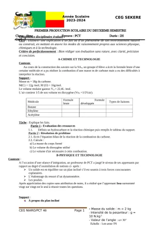 Première page de PCT 4e — 1re production scolaire, 2e semestre (2023-2024) · CEG SEKERE