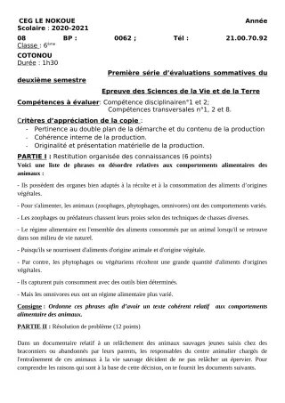 Première page de SVT 6e — Évaluation sommative, 2e semestre (2020-2021) · CEG LE NOKOUE