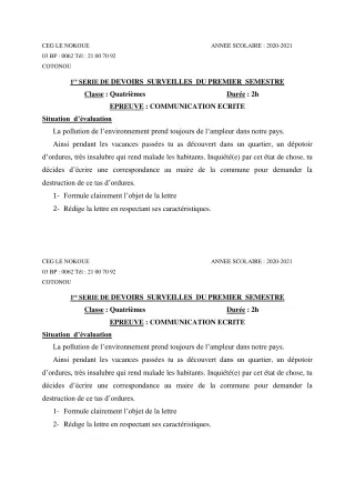 Première page de SVT 4e, 4e ML — 1er devoir surveillé, 1er semestre (2020-2021) · CEG LE NOKOUE