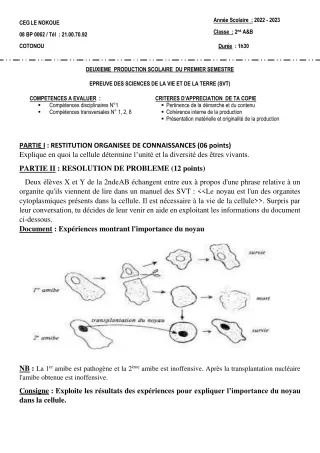 Première page de SVT 2nde A1, 2nde A2, 2nde B — 2e production scolaire, 1er semestre (2022-2023) · CEG LE NOKOUE
