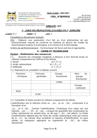 Première page de PCT 1ère C — 2e production scolaire, 1er semestre (2022-2023) · CEG1 Ikpinlè