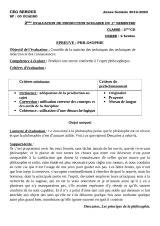 Première page de Philosophie 2nde C, 2nde D — 2e production scolaire, 1er semestre (2019-2020) · CEG SEHOUE
