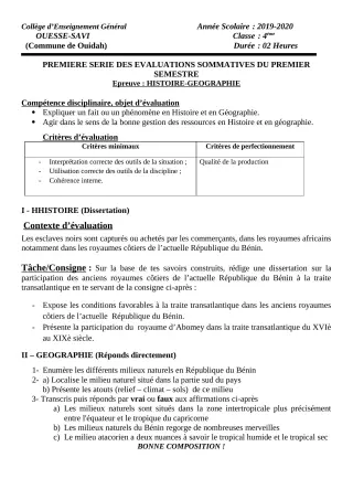 Première page de Histoire-Géographie 4e, 4e ML — 1re évaluation sommative, 1er semestre (2019-2020) · Ceg OUESSE
