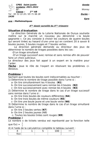 Première page de Mathématiques 1ère A2, 1ère B — 2e devoir surveillé, 3e trimestre (2021-2022) · CPEG SAINT Justin