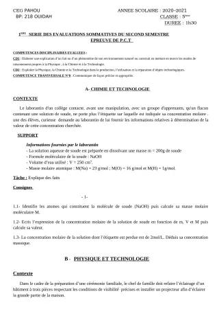 Première page de PCT 5e — 1re évaluation sommative, 2e semestre (2020-2021) · CEG PAHOU