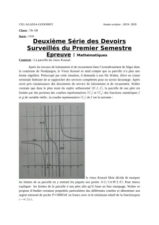 Première page de Mathématiques Tle A1, Tle A2, Tle B — 2e devoir surveillé, 1er semestre (2019-2020) · CEG Agassa Godomey