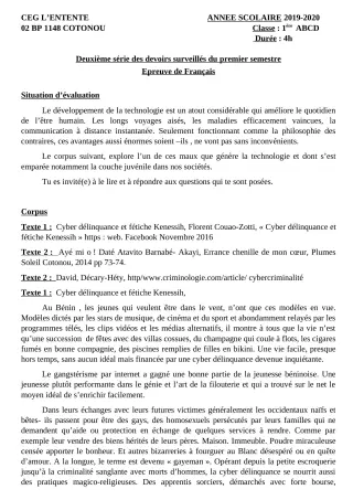 Première page de Français 1ère C, 1ère D — 2e devoir surveillé, 1er semestre (2019-2020) · CEG L'Entente