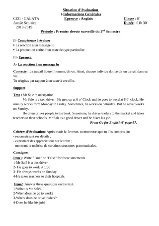 Première page de Anglais 6e, 5e, 4e, 4e ML, 3e, 3e ML — 1er devoir surveillé, 2e semestre (2018-2019) · CEG Galata