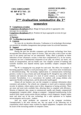 Première page de Anglais 1ère A, 1ère B, 1ère C, 1ère D — 2e évaluation sommative, 1er semestre (2019-2020) · CEG GBEGAMEY