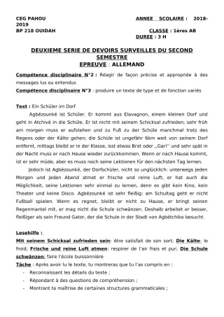 Première page de Allemand 1ère A1, 1ère A2, 1ère B — 2e devoir surveillé, 2e semestre (2018-2019) · CEG PAHOU