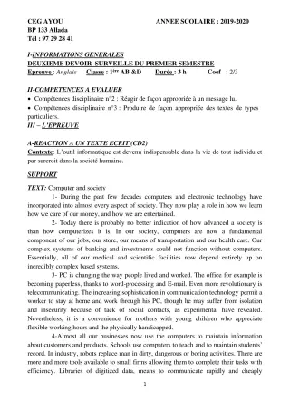 Première page de Anglais 1ère A & B, 1ère D — 2e devoir surveillé, 1er semestre (2019-2020) · CEG AYOU