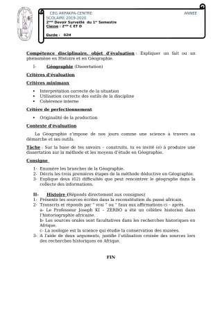 Première page de Histoire-Géographie 2nde C, 2nde D — 2e devoir surveillé, 1er semestre (2019-2020) · CEG 1 Akpakpa-Centre