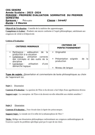 Première page de Philosophie 1ère A2 — 1re évaluation sommative, 1er semestre (2023-2024) · CEG SEKERE