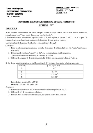 Première page de PCT 2nde BTP, 2nde EL, 2nde F1, 2nde F2, 2nde F3, 2nde F4, 2nde FC, 2nde FM, 2nde IMI, 2nde MA, 2nde OG, Tle F1 — 2e devoir surveillé, 2e semestre (2019-2020) · LT Professionnel de Kpondéhou