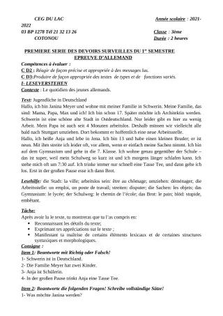 Première page de Allemand 3e — 1er devoir surveillé, 1er semestre (2021-2022) · CEG du Lac