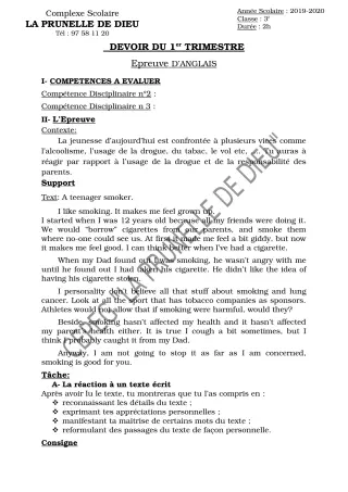 Première page de Anglais 3e, 3e ML — Devoir surveillé, 1er trimestre (2019-2020) · CEPG La Prunelle de Dieu