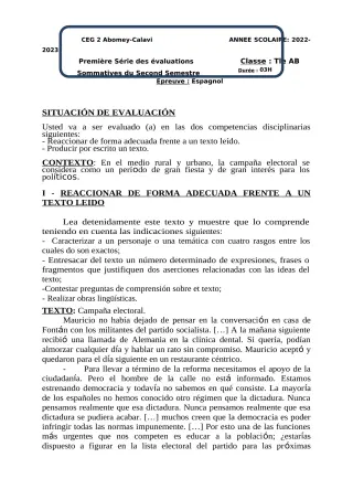 Première page de Espagnol Tle A2 — 1re évaluation sommative, 2e semestre (2022-2023) · CEG2 ABOMEY - CALAVI (CEG ZOCA)