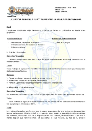 Première page de Histoire-Géographie 3e, 3e ML — 1er devoir surveillé, 2e trimestre (2019-2020) · CPEG LE PHARAON