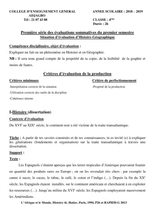 Première page de Histoire-Géographie 4e, 4e ML — 1re évaluation sommative, 1er semestre (2018-2019) · CEG ADJAGBO