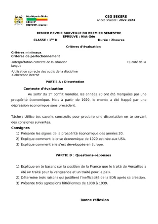 Première page de Histoire-Géographie 1ère D — Devoir surveillé, 1er semestre (2022-2023) · CEG SEKERE