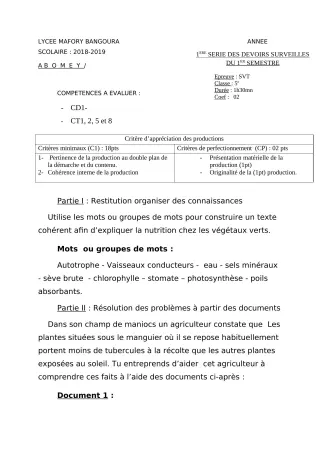 Première page de SVT 5e — 1er devoir surveillé, 1er semestre (2018-2019) · Lycée Houegbadja d'Abomey (Ex Mafory Bangoura)