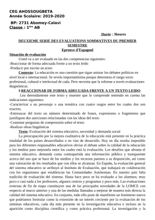 Première page de Espagnol 1ère A2, 1ère B — 2e évaluation sommative, 1er semestre (2019-2020) · CEG Ahossougbéta