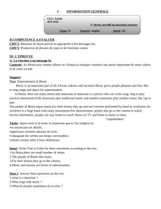 Première page de Anglais 5e — Devoir surveillé, 2e semestre (2019-2020) · CEG1 Kalalé