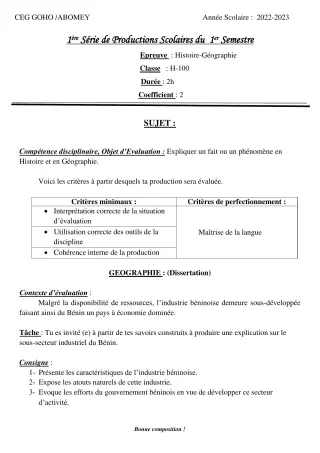 Première page de Histoire-Géographie Tle D — 1re production scolaire, 1er semestre (2022-2023) · CEG GOHO