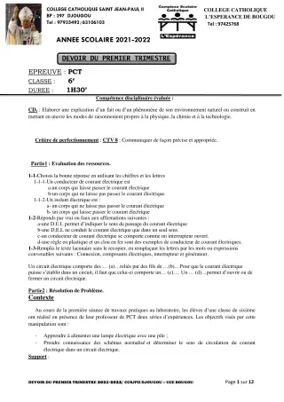 Première page de PCT 6e, 5e, 4e, 2nde A2, 2nde C, 2nde D, 1ère A1, 1ère A2, 1ère C, 1ère D — 2e devoir surveillé, 1er trimestre (2021-2022) · CCJPII DJOUGOU