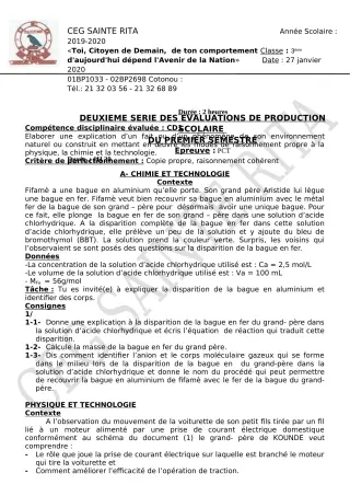 Première page de PCT 3e — 2e évaluation sommative, 1er semestre (2019-2020) · CEG Sainte Rita