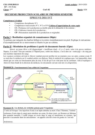 Première page de SVT 3e, 3e ML — 2e production scolaire, 1er semestre (2019-2020) · CEG ONIGBOLO