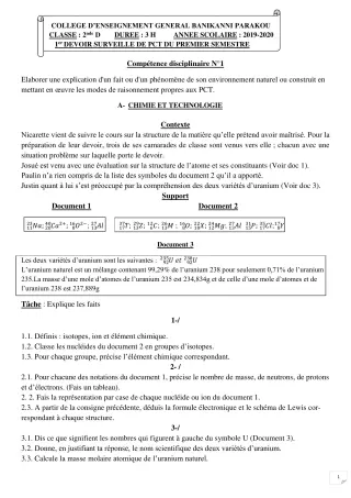 Première page de PCT 2nde D — 1er devoir surveillé, 1er semestre (2019-2020) · CEG Banikanni