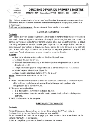 Première page de PCT 3e — 2e devoir surveillé, 1er semestre (2019-2020) · CEG 2 Djougou