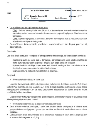 Première page de PCT 3e, 3e ML — 2e devoir surveillé, 1er semestre (2018-2019) · CEG2 ABOMEY - CALAVI (CEG ZOCA)