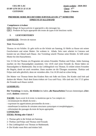 Première page de Allemand 4e — 1er devoir surveillé, 2e semestre (2020-2021) · CEG du Lac