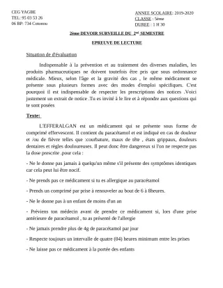 Première page de Français 5e — 2e devoir surveillé, 2e semestre (2019-2020) · CEG Yagbe