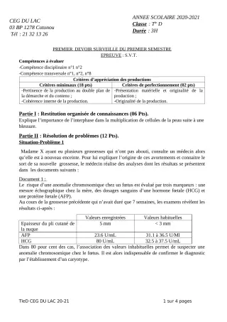 Première page de SVT Tle D — 1er devoir surveillé, 1er semestre (2020-2021) · CEG du Lac
