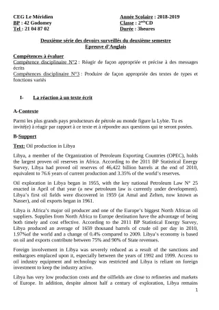 Première page de Anglais 2nde C, 2nde D — 2e devoir surveillé, 2e semestre (2018-2019) · CEG Le Méridien