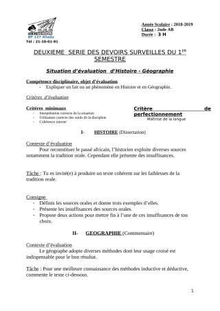 Première page de Histoire-Géographie 2nde A & B — 2e devoir surveillé, 1er semestre (2018-2019) · CEG Sékou