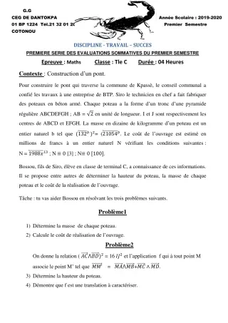 Première page de Mathématiques Tle C — 1re évaluation sommative, 1er semestre (2019-2020) · CEG Dantokpa