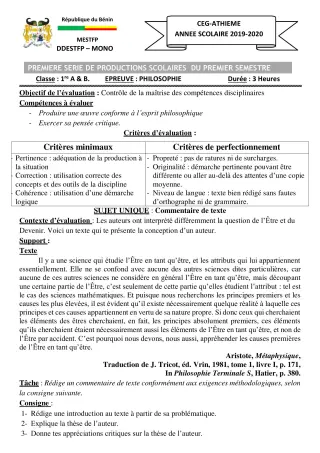 Première page de Philosophie 1ère A1, 1ère A2, 1ère B, 1ère C, 1ère D — 1re production scolaire, 1er semestre (2019-2020) · CEG ATHIEME