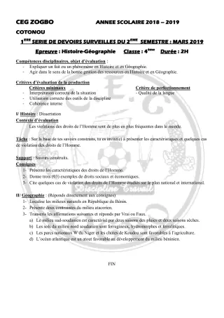 Première page de Histoire-Géographie 4e, 4e ML — 1er devoir surveillé, 2e semestre (2018-2019) · CEG ZOGBO