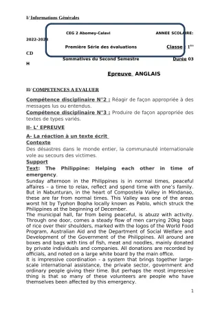 Première page de Anglais 1ère C — 1re évaluation sommative, 2e semestre (2022-2023) · CEG2 ABOMEY - CALAVI (CEG ZOCA)