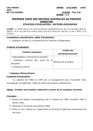 Première page de Histoire-Géographie Tle A1, Tle A2, Tle B — 1er devoir surveillé, 1er semestre (2020-2021) · CEG PAHOU