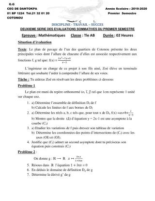 Première page de Mathématiques Tle A2, Tle B — 2e évaluation sommative, 1er semestre (2019-2020) · CEG Dantokpa