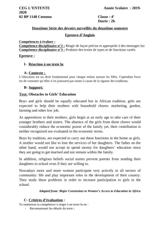 Première page de Anglais 4e ML&MC — 2e devoir surveillé, 2e semestre (2019-2020) · CEG L'Entente