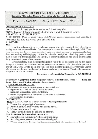 Première page de Anglais 6e, 5e, 4e, 4e ML, 3e, 3e ML — 1er devoir surveillé, 2e semestre (2018-2019) · CEG WOLLO
